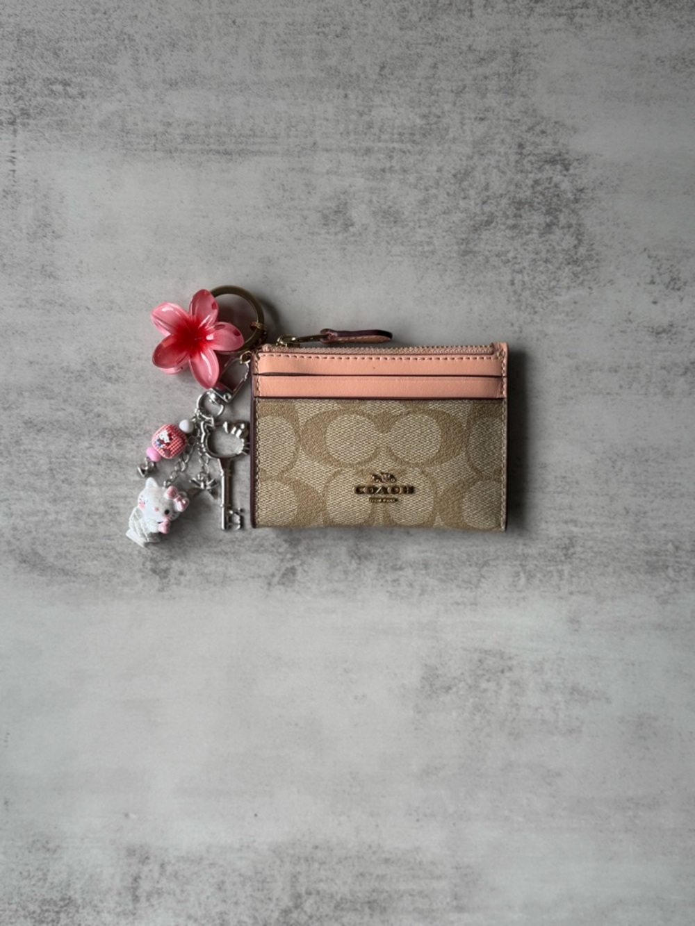 Coach Beige Signature Canvas Card Holder with Pink Trim and Charm